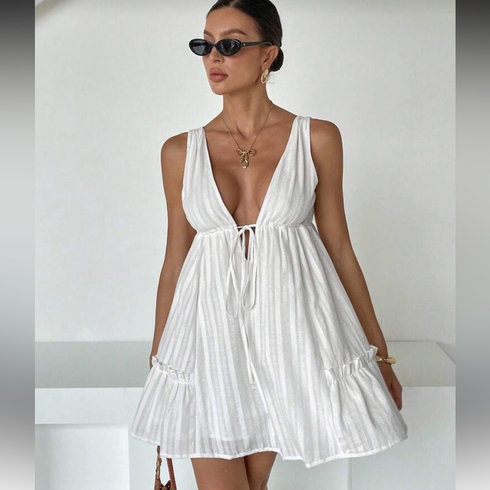 100% cotton boho babydoll dress sleeveless v neck ruffle mini white